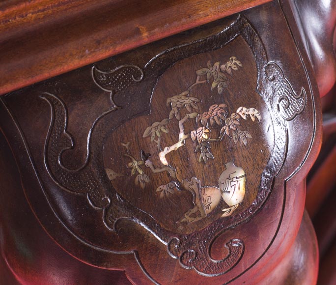 Maison des Bambous Alfred PERRET et Ernest VIBERT (attributed to), large Japanese style Fireplace with its trumeau, made out of harewood, decorated with elephant heads and dragons-11