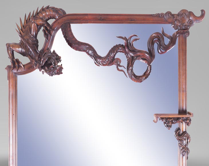 Maison des Bambous Alfred PERRET et Ernest VIBERT (attributed to), large Japanese style Fireplace with its trumeau, made out of harewood, decorated with elephant heads and dragons-13