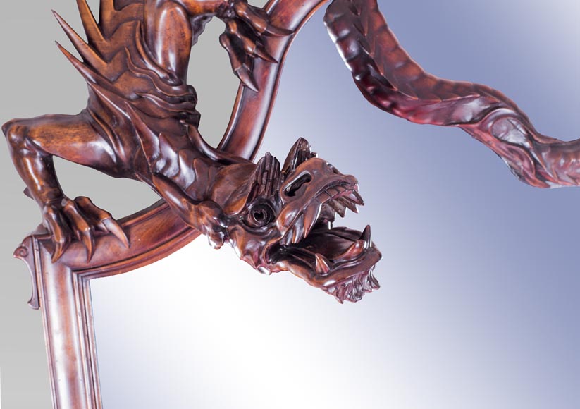 Maison des Bambous Alfred PERRET et Ernest VIBERT (attributed to), large Japanese style Fireplace with its trumeau, made out of harewood, decorated with elephant heads and dragons-14