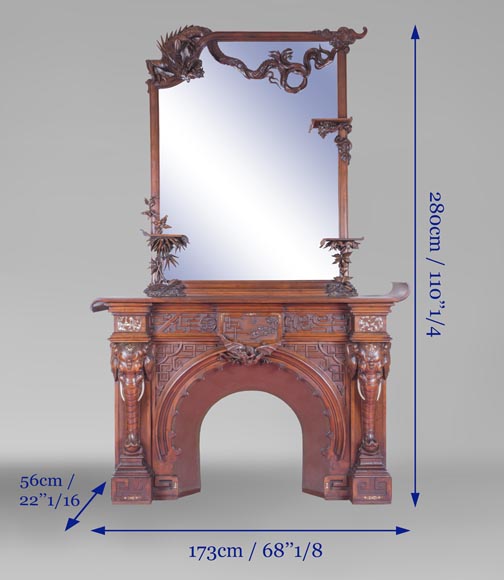 Maison des Bambous Alfred PERRET et Ernest VIBERT (attributed to), large Japanese style Fireplace with its trumeau, made out of harewood, decorated with elephant heads and dragons-16
