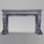 An antique Napoleon III style fireplace, with lion's paws, made out of Bleu Tigré marble