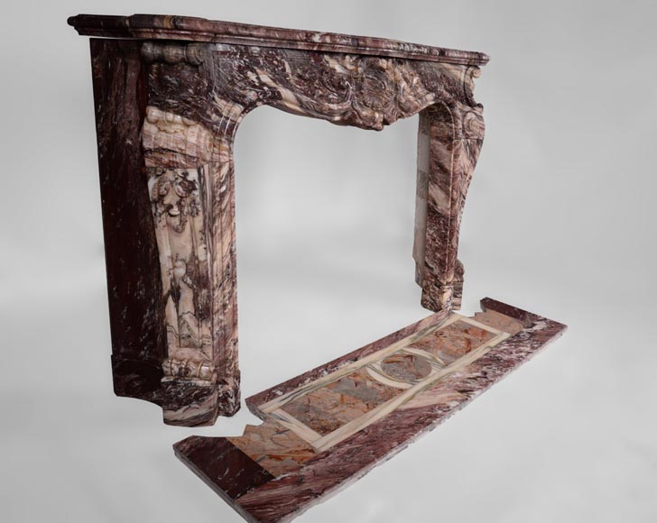 Exceptional antique Louis XV style fireplace in Fleur de Pêcher marble with large palmette-4