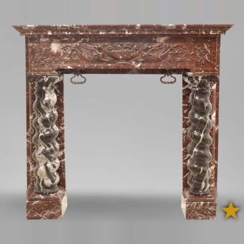 Antique Napoleon III style fireplace with salomonic columns made of Red Marble and Black Marquina Marble