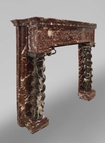 Antique Napoleon III style fireplace with salomonic columns made of Red Marble and Black Marquina Marble-4