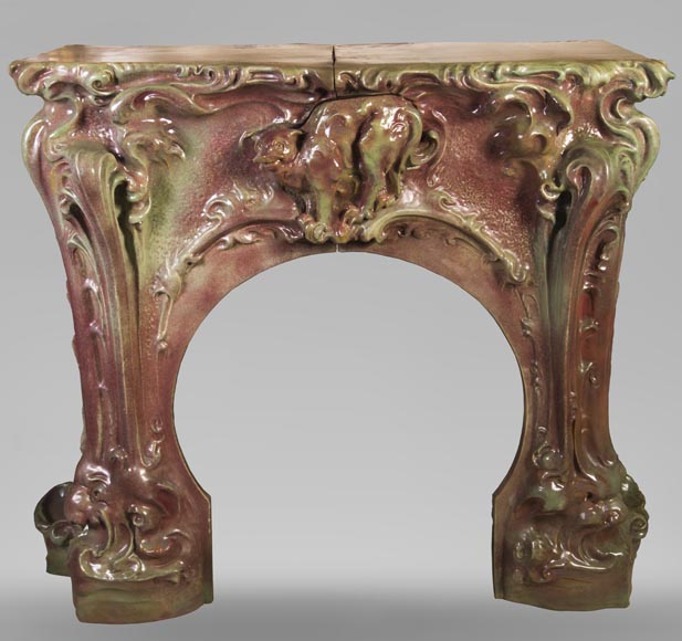 Rare Art Nouveau ceramic fireplace with cat-0