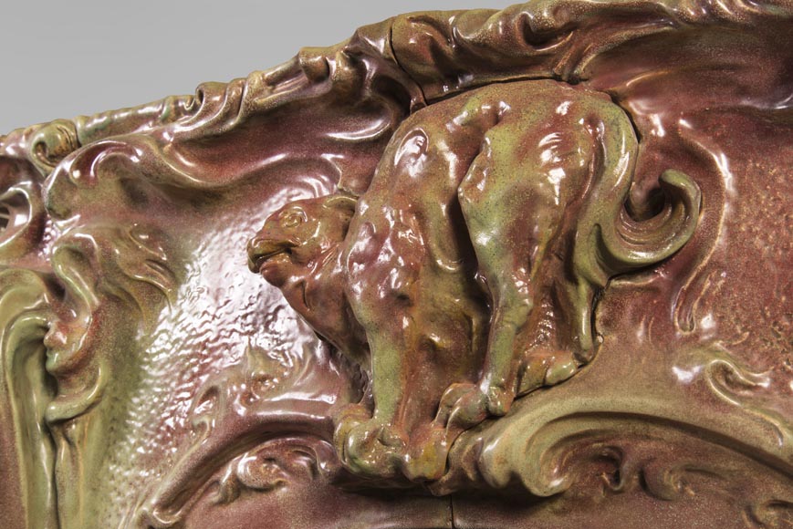 Rare Art Nouveau ceramic fireplace with cat-6