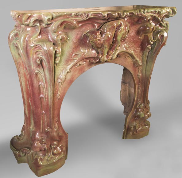 Rare Art Nouveau ceramic fireplace with cat-7