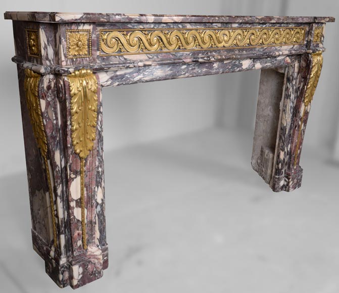 Exceptional Louis XVI style fireplace in Fior di Pesco marble with bronze ornaments-3