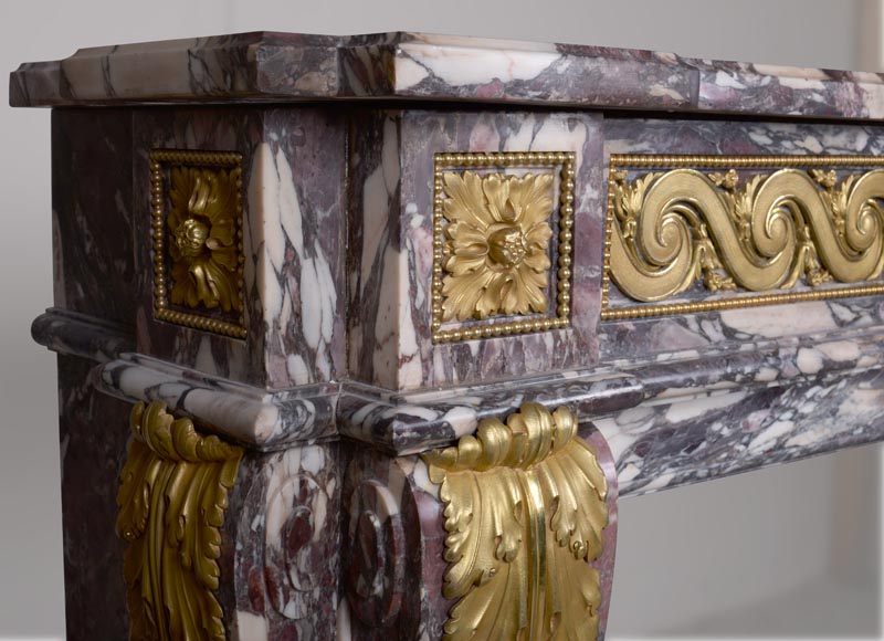 Exceptional Louis XVI style fireplace in Fior di Pesco marble with bronze ornaments-4