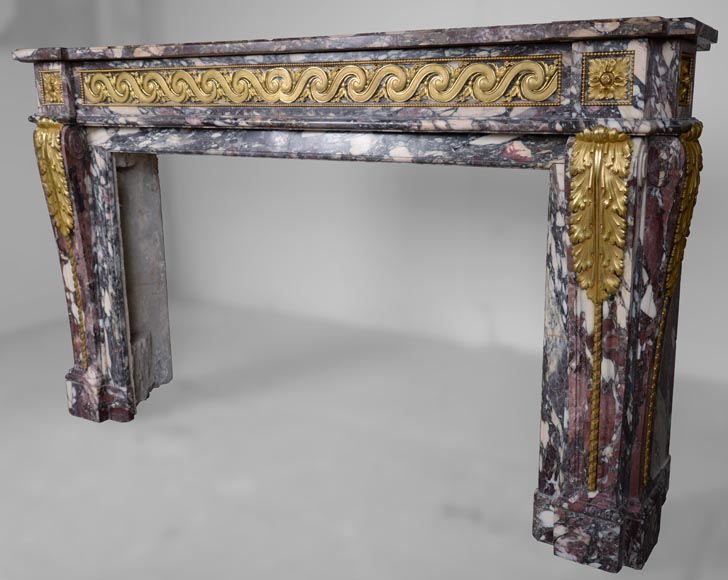 Exceptional Louis XVI style fireplace in Fior di Pesco marble with bronze ornaments-7