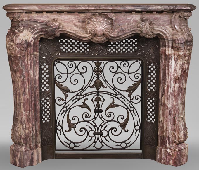 Very beautiful antique Louis XV style opulent fireplace made out of Fleur de Pêcher marble-0
