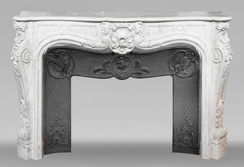 Louis XV style fireplace in Carrara marble, richly decorated with shells and flowers-0