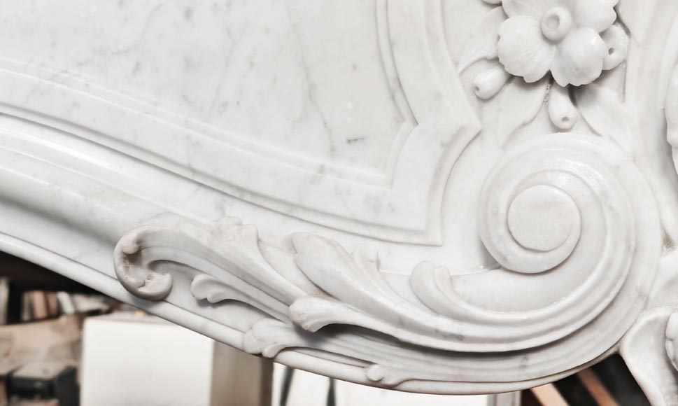 Louis XV style fireplace in Carrara marble, richly decorated with shells and flowers-4
