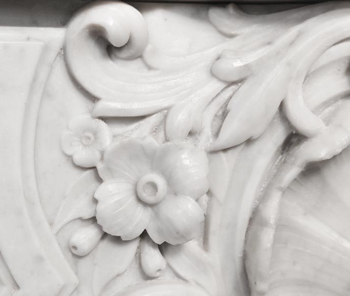 Louis XV style fireplace in Carrara marble, richly decorated with shells and flowers-5