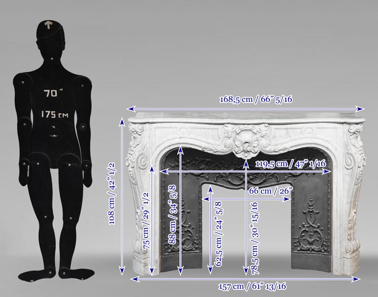 Louis XV style fireplace in Carrara marble, richly decorated with shells and flowers-18