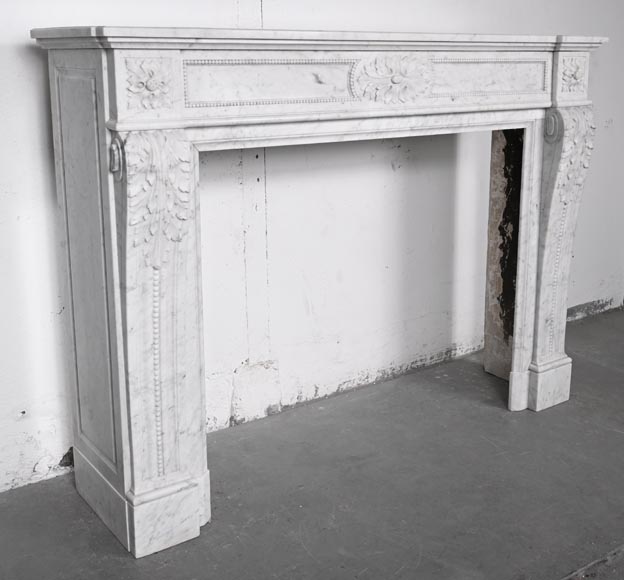 Louis XVI style fireplace in Carrara marble, decorated with acanthus leaves-3