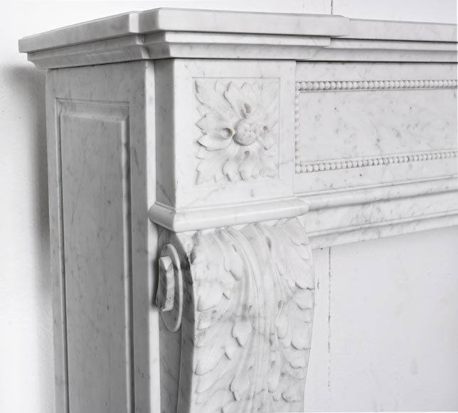 Louis XVI style fireplace in Carrara marble, decorated with acanthus leaves-4