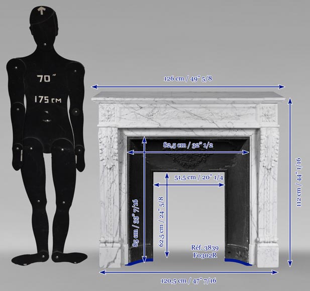 Louis XVI style mantel with Cupid attributes carved in Arabescato