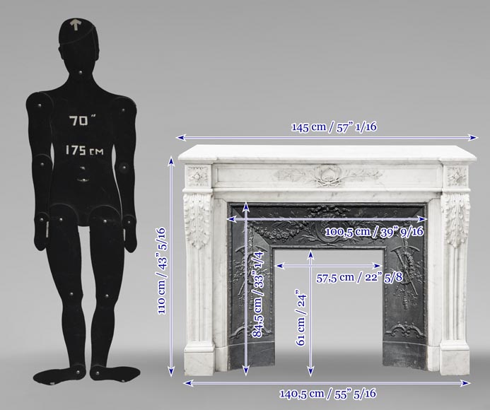 Louis XVI style fireplace decorated with a laurel wreath, in Carrara marble Louis XVI style fireplace decorated with a laurel wreath, in Carrara marble-10