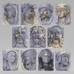 Series of sculpted face and decorative elements in Sun stone of the Ardennes, late 19th century
