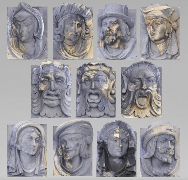 Series of sculpted face and decorative elements in Sun stone of the Ardennes, late 19th century-0