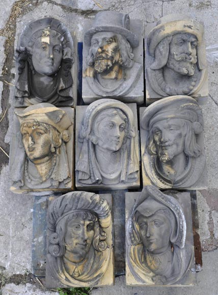 Series of sculpted face and decorative elements in Sun stone of the Ardennes, late 19th century-1