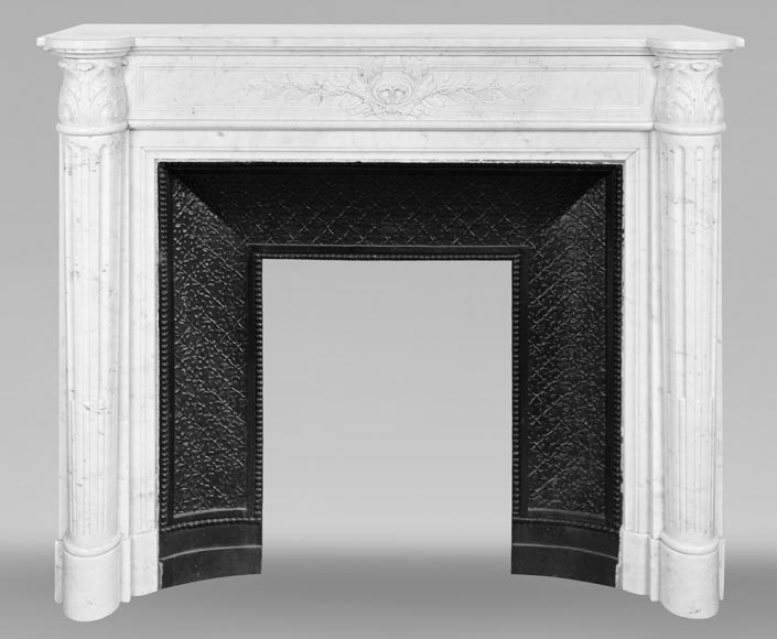 Louis XVI style fireplace in Carrara marble, with a half-column and laurel wreath-0