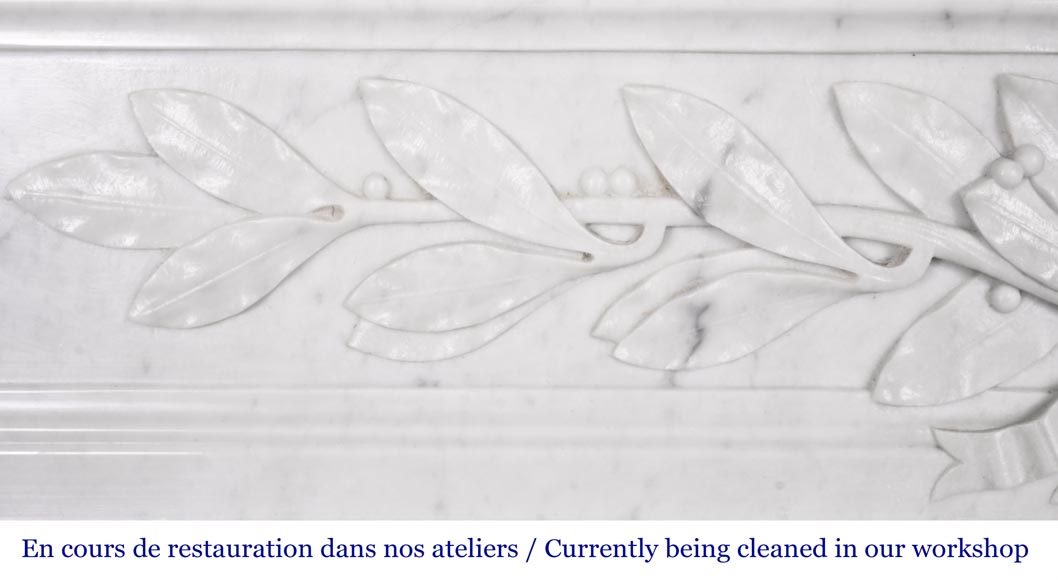 Louis XVI style fireplace in Carrara marble, with a half-column and laurel wreath-4