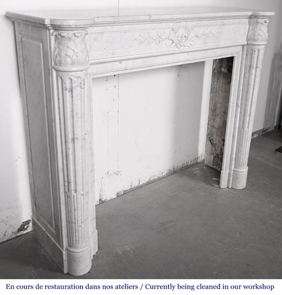 Louis XVI style fireplace in Carrara marble, with a half-column and laurel wreath-5