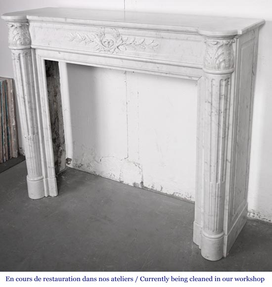 Louis XVI style fireplace in Carrara marble, with a half-column and laurel wreath-9
