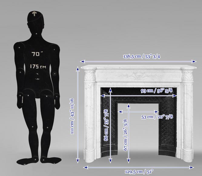 Louis XVI style fireplace in Carrara marble, with a half-column and laurel wreath-13