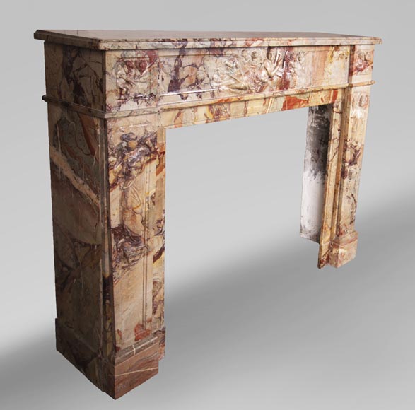 Antique neo-classical style Sarrancolin marble fireplace, richly carved on the theme of the arts-4