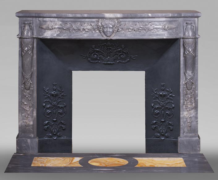 Antique Louis XVI style Bleu Turquin marble mantel with wine theme-0