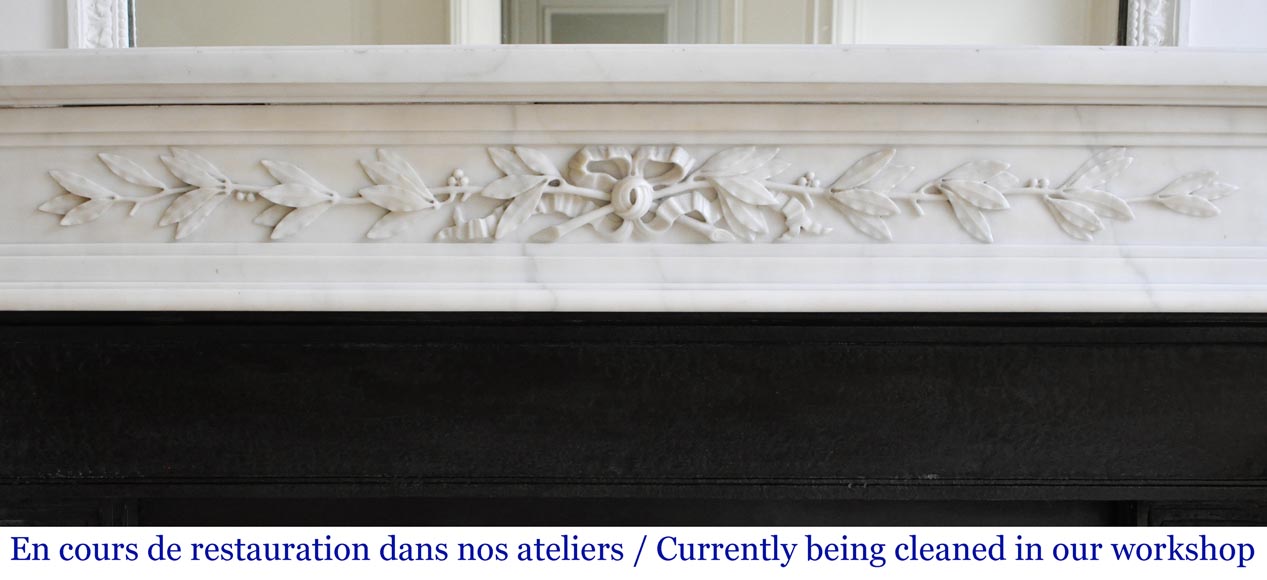 Antique Louis XVI style fireplace made of semi statuary marble decorated with laurel branches-1