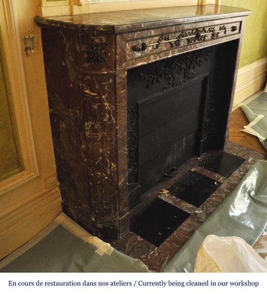 Antique Louis XVI style fireplace with round corners in Red from the North marble and gilded bronze ornaments-3