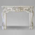 Exceptional opulent Louis XV style fireplace, very carved, in white Carrara marble