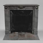 Small antique Louis XVI style fireplace in Blue Turquin marble and gilded bronze ornaments