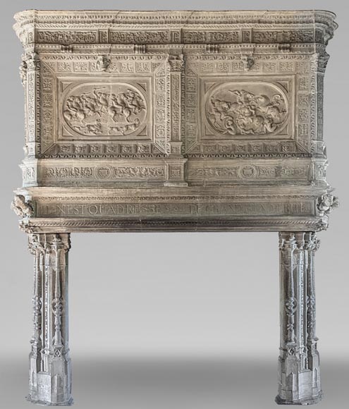 Monumental Stone Fireplace with Philippe Merlan coat of arms-0