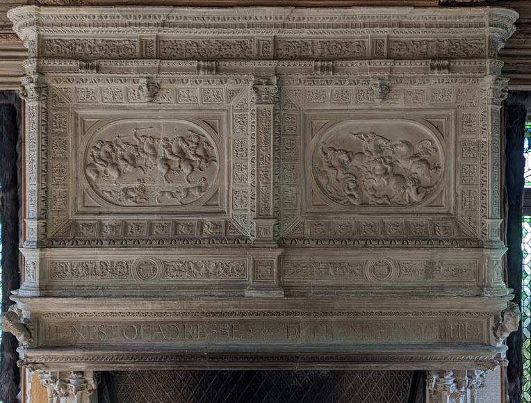 Monumental Stone Fireplace with Philippe Merlan coat of arms-1