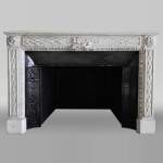 Antique Louis XVI period fireplace in Carrara marble decorated with grapevines and grapes