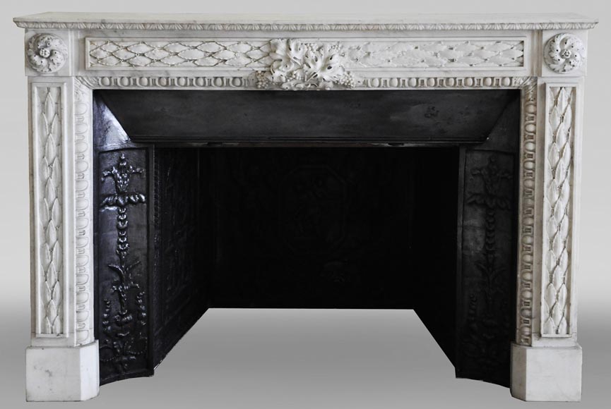 Antique Louis XVI period fireplace in Carrara marble decorated with grapevines and grapes-0