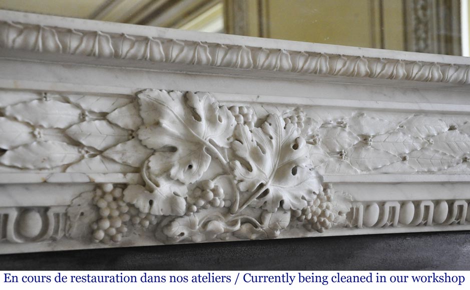 Antique Louis XVI period fireplace in Carrara marble decorated with grapevines and grapes-2