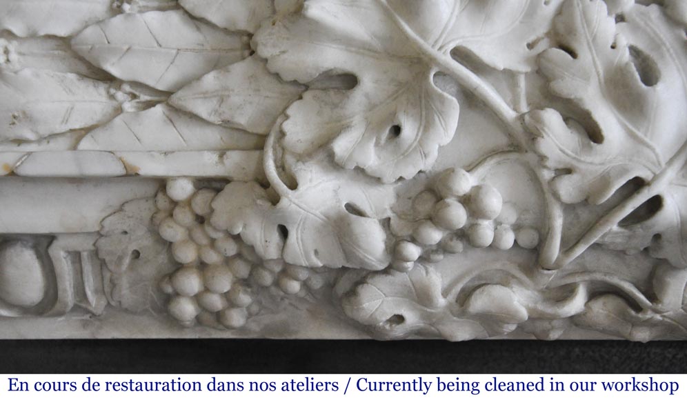Antique Louis XVI period fireplace in Carrara marble decorated with grapevines and grapes-3