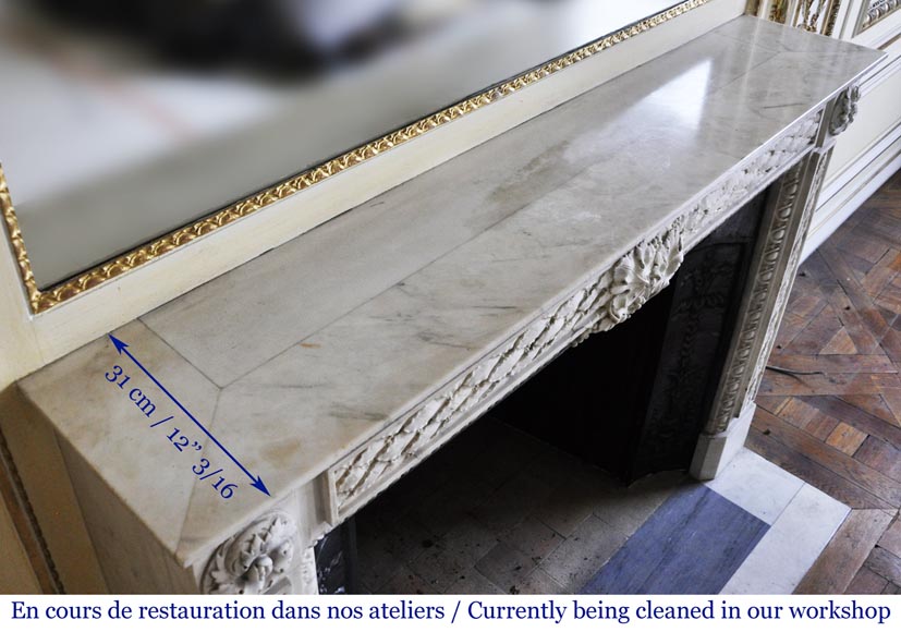Antique Louis XVI period fireplace in Carrara marble decorated with grapevines and grapes-14