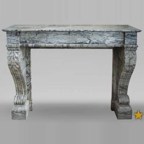 Antique Restoration style fireplace mantel in Bleu Fleuri marble