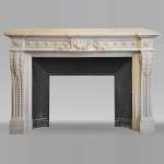 Exceptional antique Louis XVI style mantel in Blanc P de Carrara marble ornamented with pearls and garlands of flowers