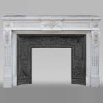 Antique Louis XVI style fireplace in Carrara marble with basket of flowers