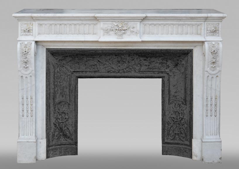 Antique Louis XVI style fireplace in Carrara marble with basket of flowers-0
