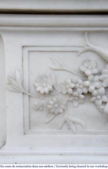 Antique Louis XVI style fireplace in Carrara marble with basket of flowers-2
