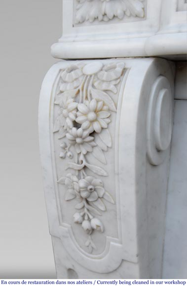 Antique Louis XVI style fireplace in Carrara marble with basket of flowers-7